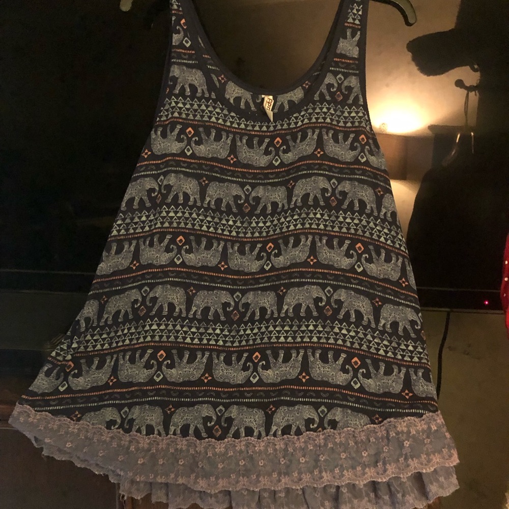Blue elephant tank top with lace bottom lightweight flowy boho